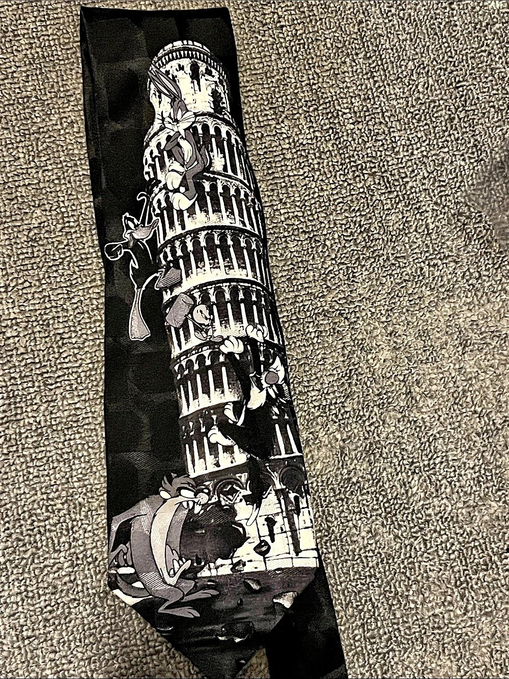 Looney Tunes Mania Leaning Tower of Pisa Silk Tie Black & White Graphic Tie Like